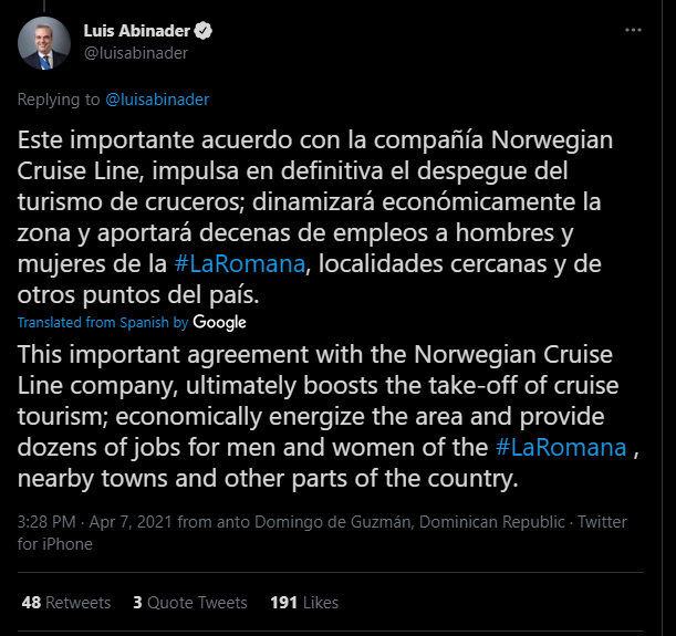 Norwegian Cruise Line Tweet from Luis Abinader - Dominican News